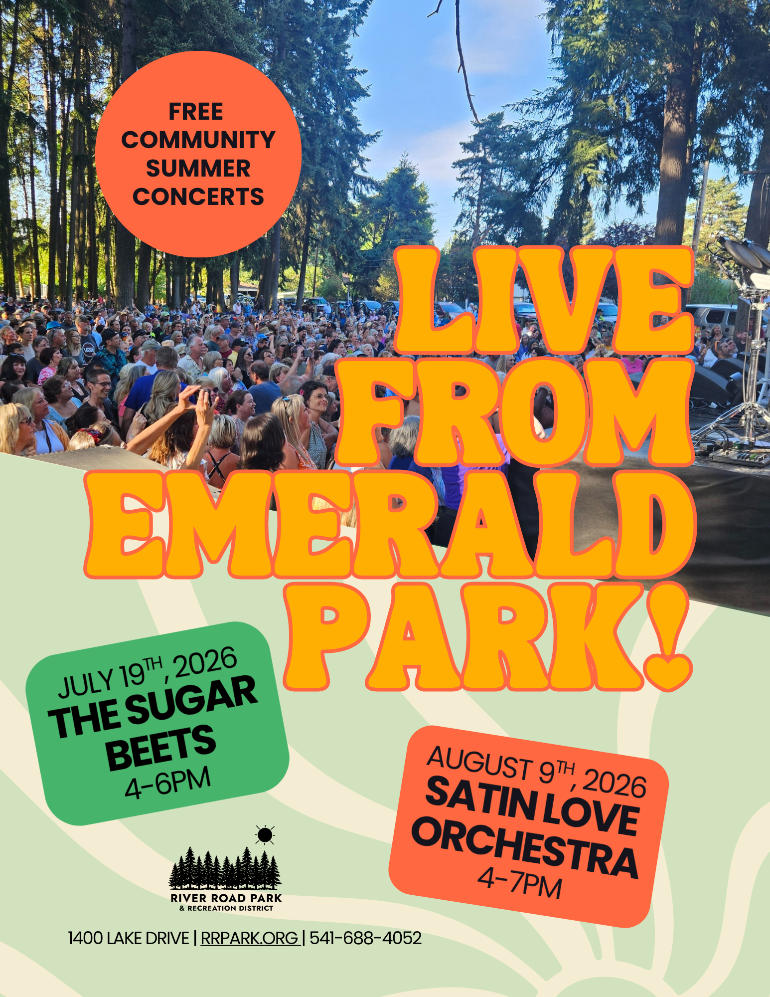Free summer concerts at Emerald Park: The Sugar Beets on July 19, 2026 (4-6 PM) and Satin Love Orchestra on August 9, 2026 (4-7 PM).
