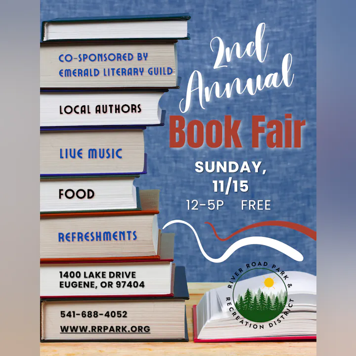 Join the 2nd Annual Book Fair on Sunday, 11/15, from 12-5 PM at River Road Park, featuring local authors, food, and live music. Free!