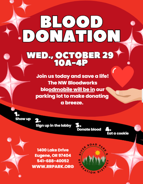 Blood donation event on Wed, Oct 29, 10 AM-4 PM at 1400 Lake Drive, Eugene, OR. NW Bloodworks bloodmobile, snacks provided.