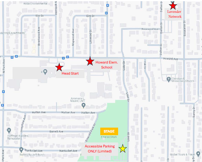 Map with Lavender Network, Howard Elem. School, Head Start, and a stage at Emerald Park. Accessible parking marked.