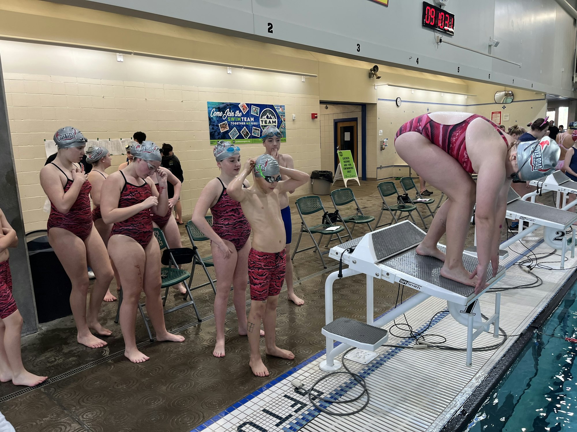 Swimmers in caps with goggles preparing on poolside, one on starting block about to dive in.