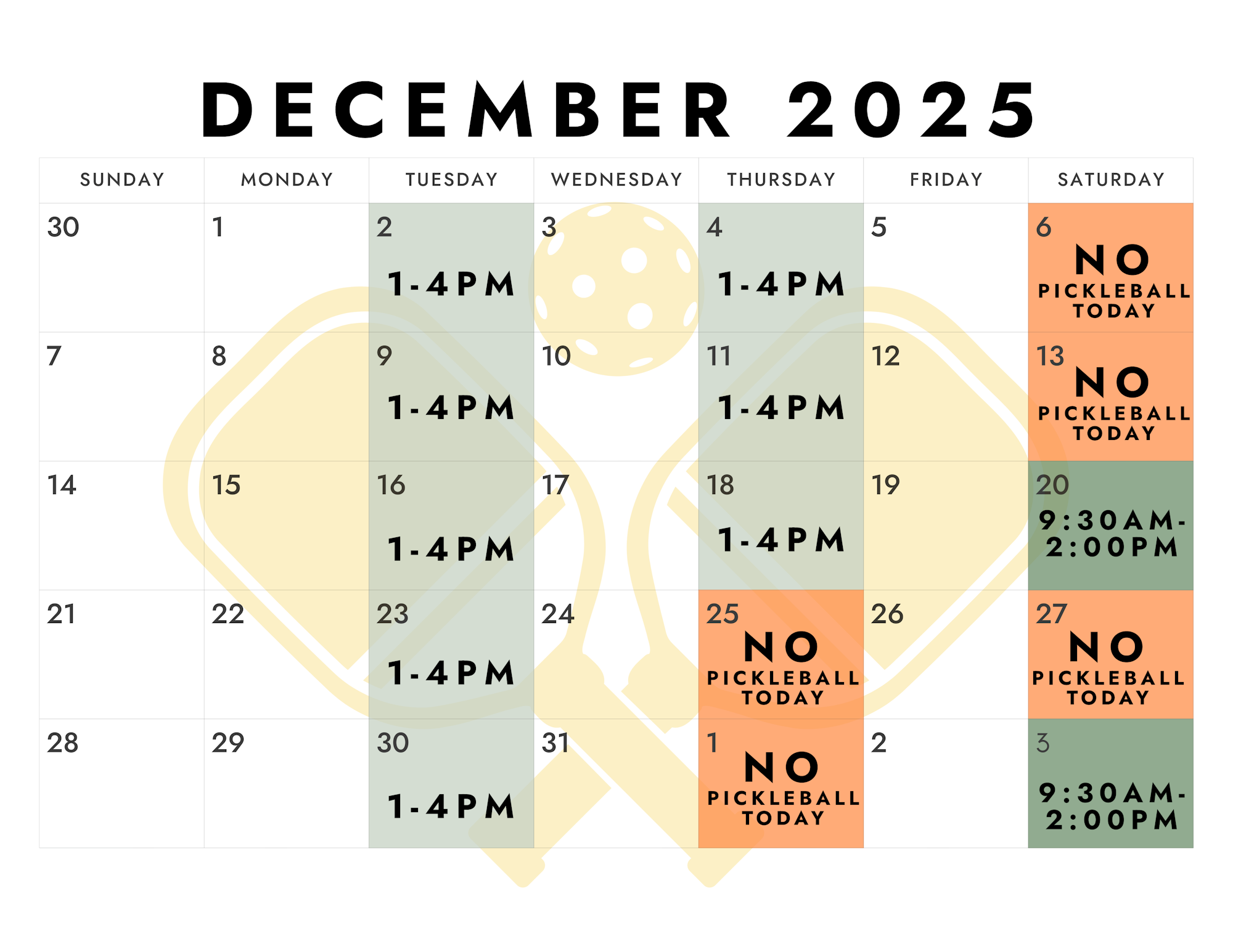 A calendar for December 2025, showing pickleball availability with specific times and several days marked as "NO PICKLEBALL TODAY."