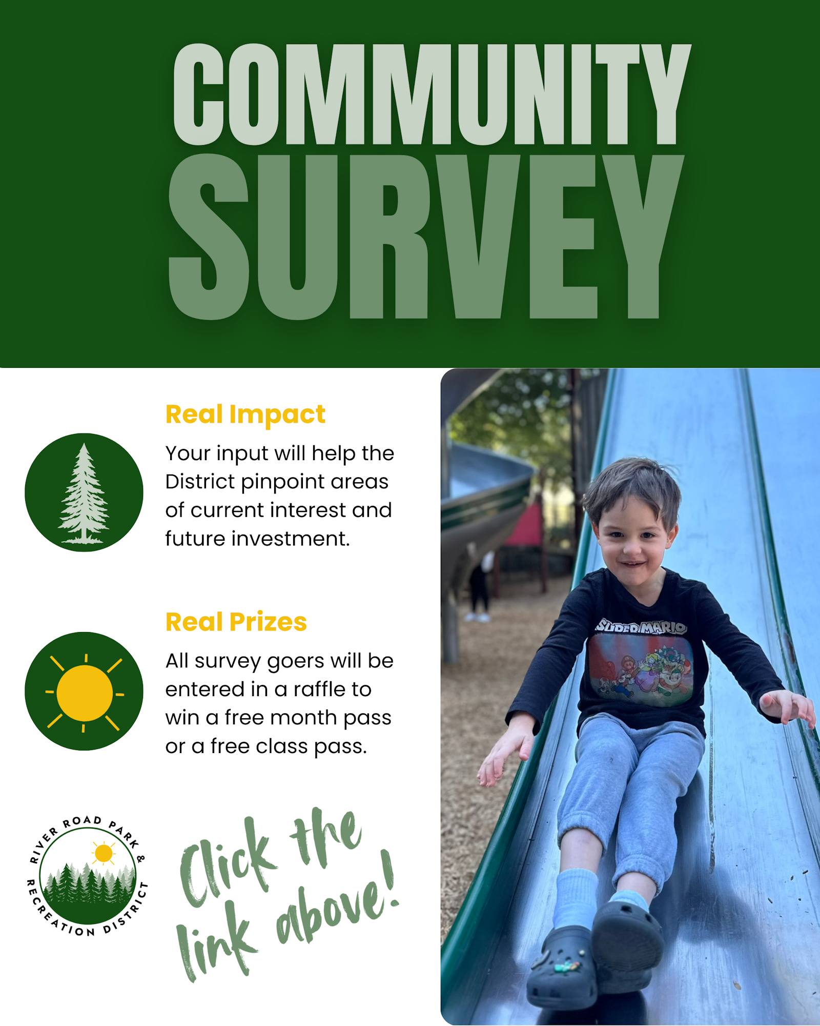 The image promotes a community survey inviting input for local projects, offering raffle prizes for participants.