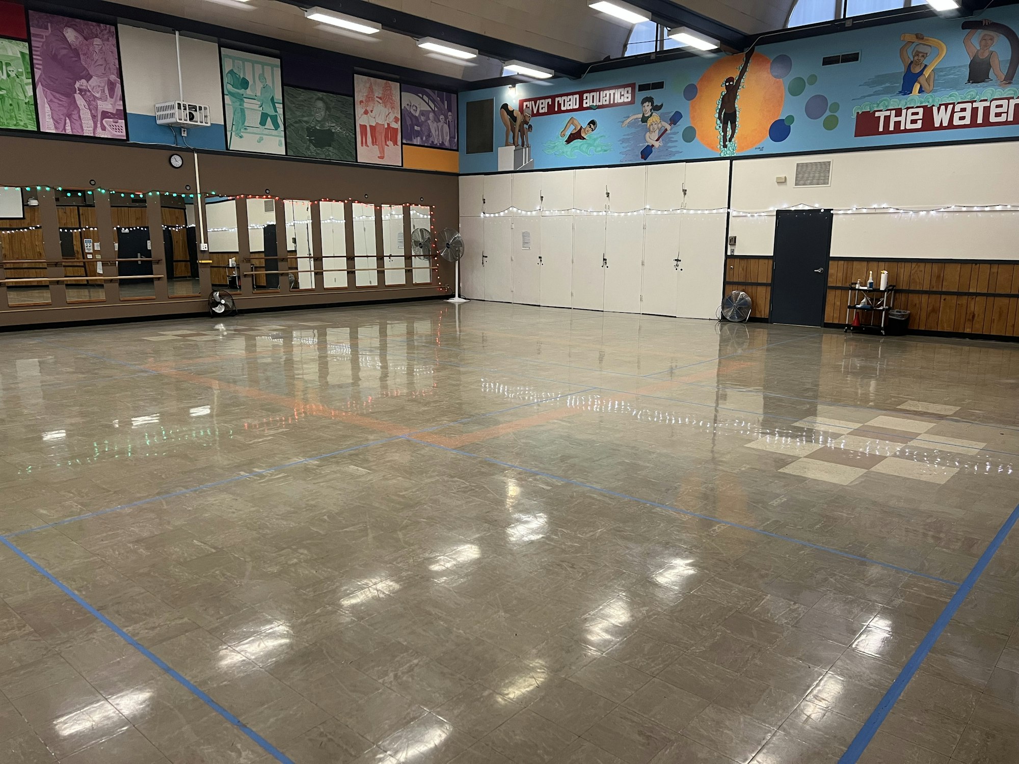 A large indoor room with mirrors, wall art, lights, and wooden panels.