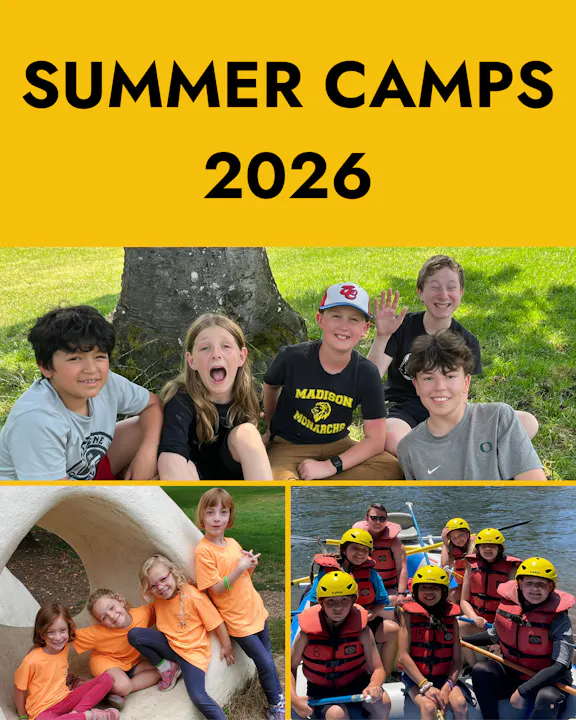 A vibrant collage promoting summer camps in 2026, featuring kids engaged in fun activities, smiling and enjoying nature.