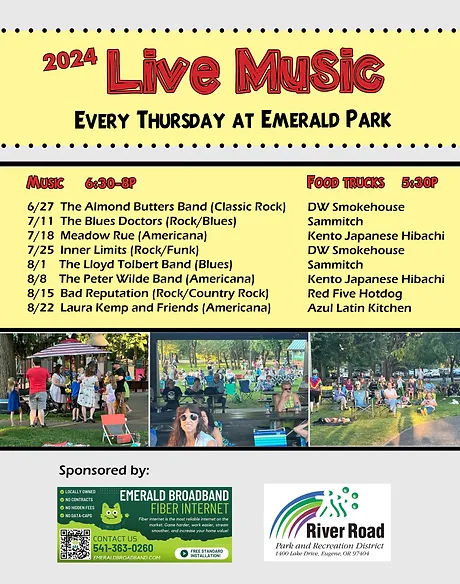 A flyer promoting live music every Thursday at Emerald Park with a schedule of bands, food trucks, and sponsoring companies.