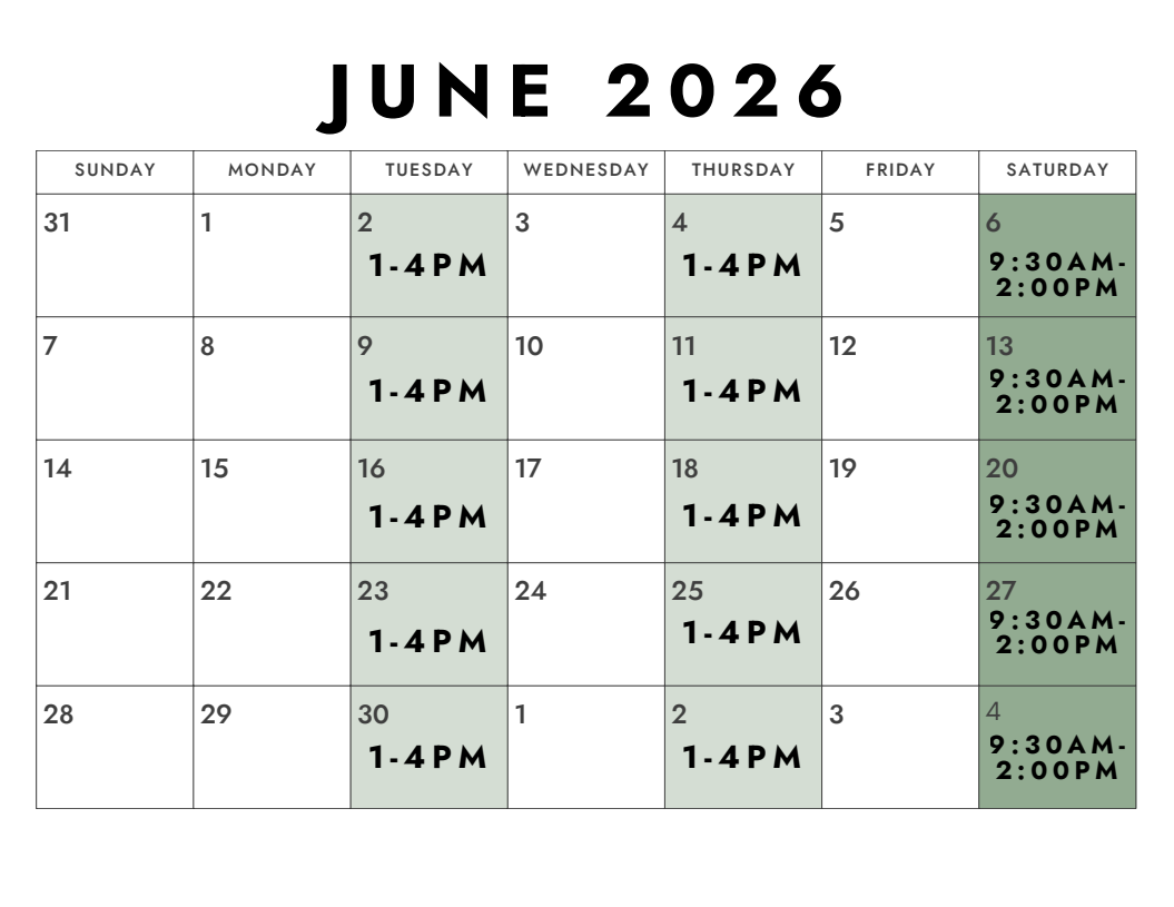 A calendar for June 2026, highlighting specific times (1-4 PM and 9:30 AM - 2 PM) on various days.