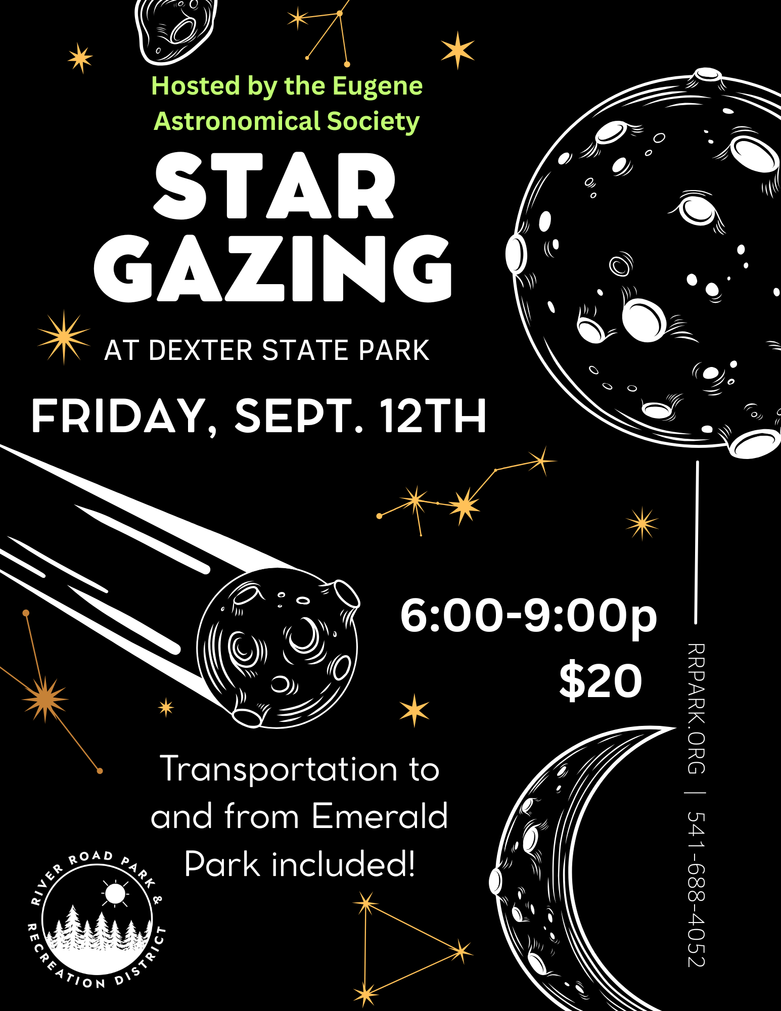Star gazing event at Dexter State Park on Friday, Sept. 12th, 6-9 PM. $20 with transport from Emerald Park. Hosted by Eugene Astronomical Society.