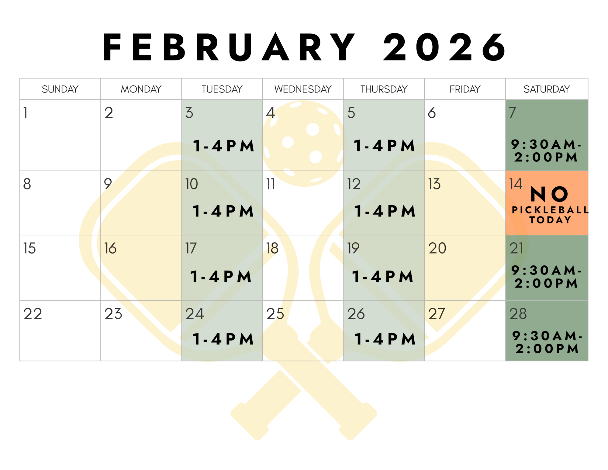 February 2026 calendar highlighting pickleball times: 1-4 PM on select days; no pickleball on the 14th.