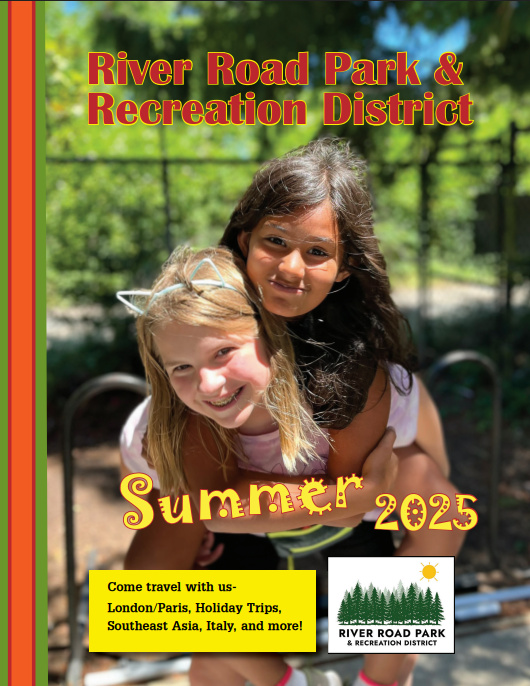Two kids smiling in a summer 2025 travel ad for River Road Park & Recreation District, featuring trips to Europe and more.