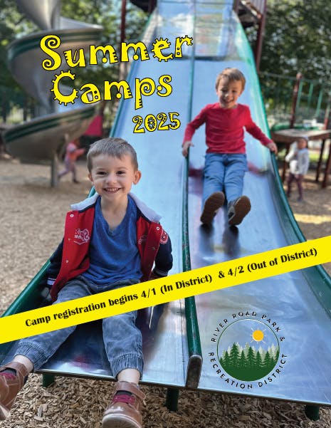 Two kids on a slide, "Summer Camps 2025" text, registration dates, and "River Road Park & Recreation District" logo.