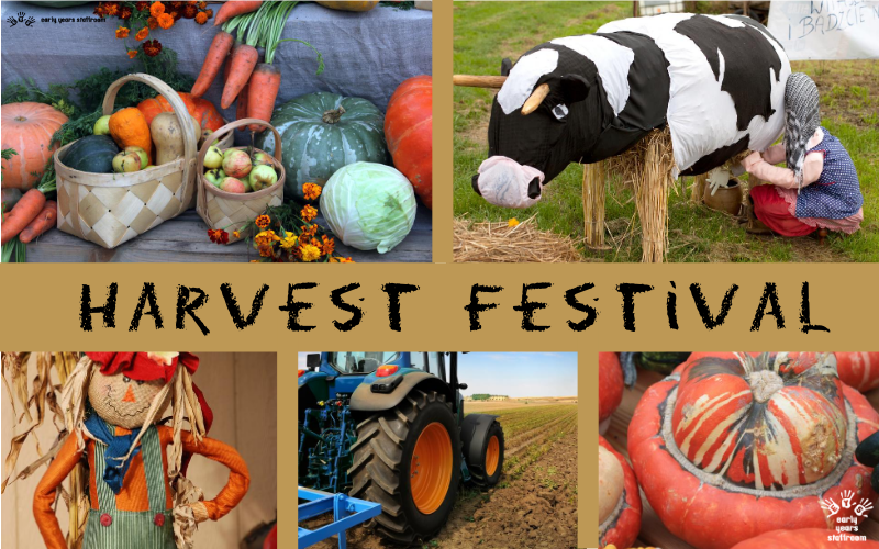 A collage showcasing a harvest festival: vegetables, a stuffed cow, a scarecrow, a tractor, and pumpkins, with the words "HARVEST FESTIVAL".