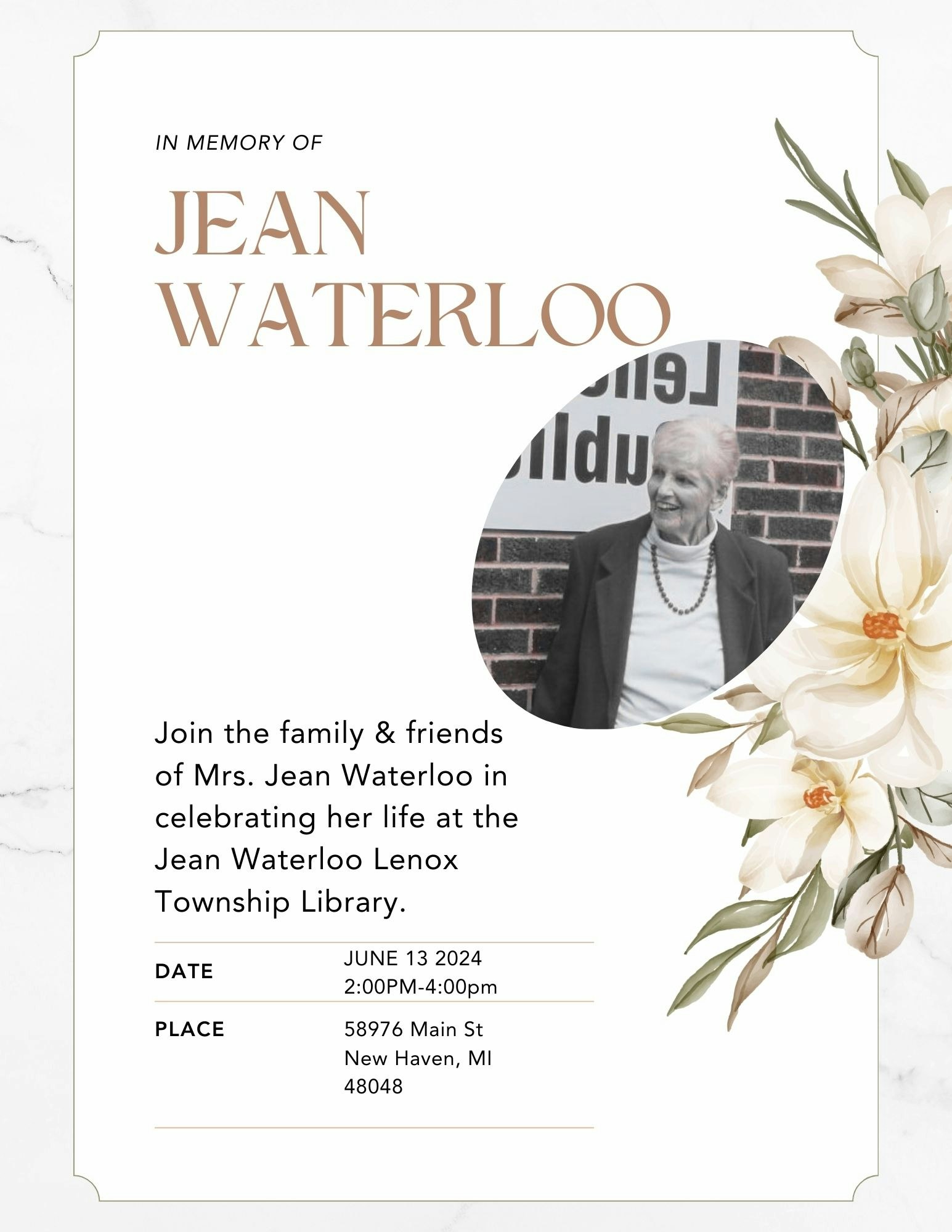 An invitation to a memorial event for Jean Waterloo, with event details and a photo.