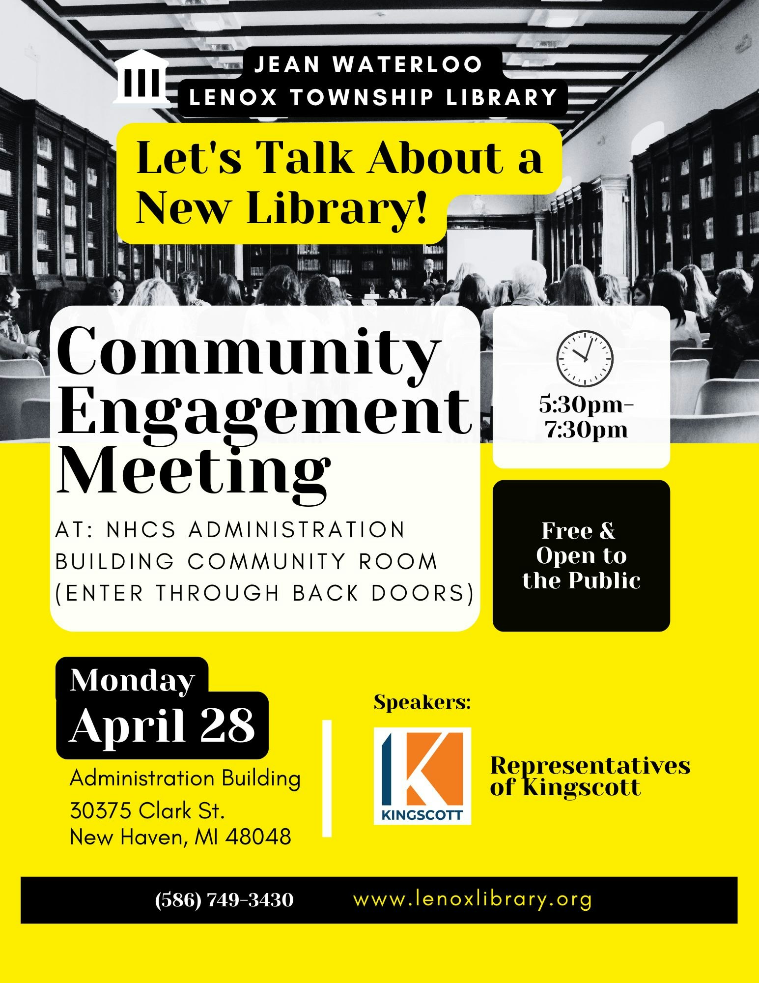 Community meeting for a new library on April 28, 5:30pm-7:30pm at NHCS Administration Building, New Haven, MI. Free entry.