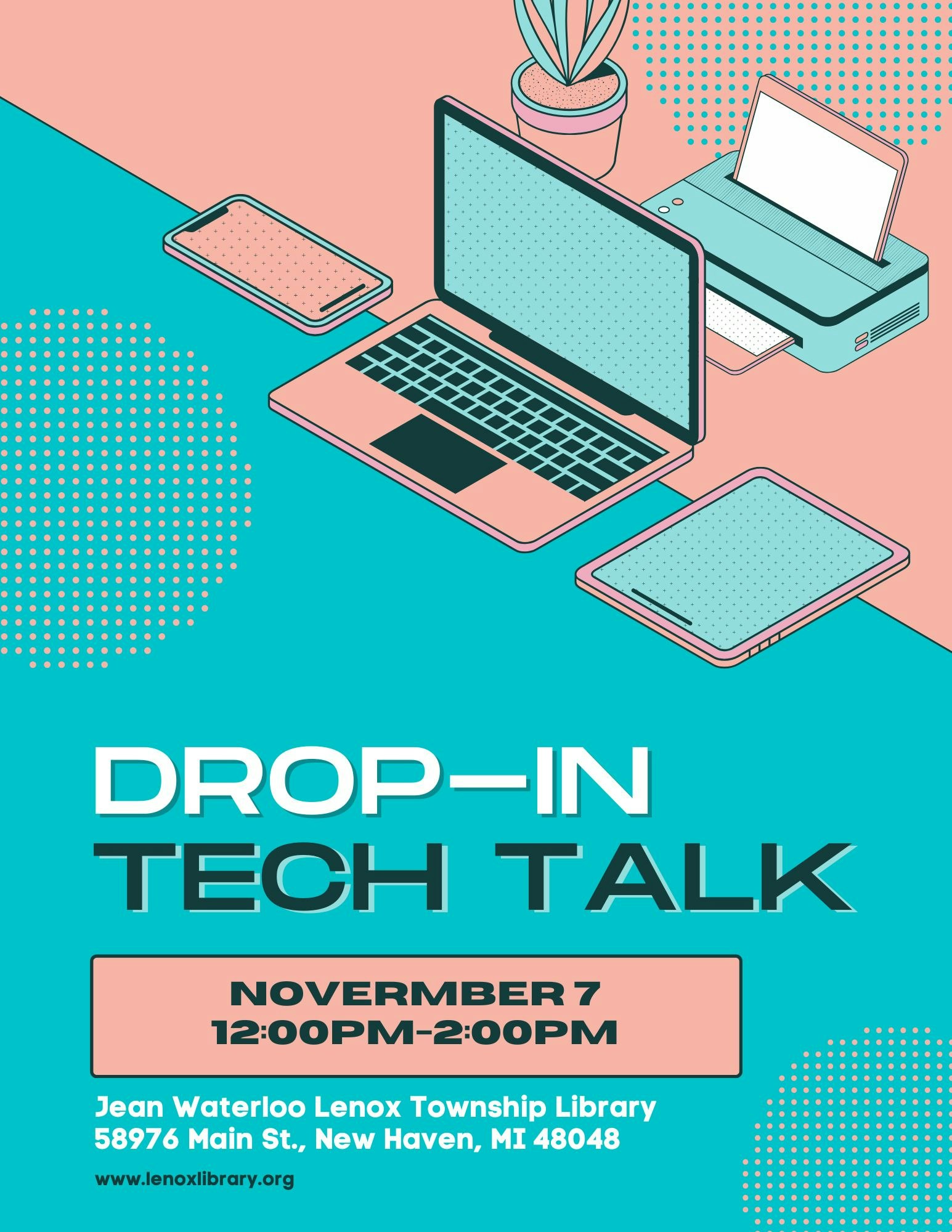 Tech Talk event poster featuring a laptop, printer, and tablet. Event on November 7, 12:00PM-2:00PM at Jean Waterloo Lenox Township Library.