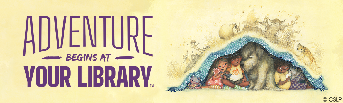 Illustration of children reading under a blanket fort with animals, promoting adventure at the library.