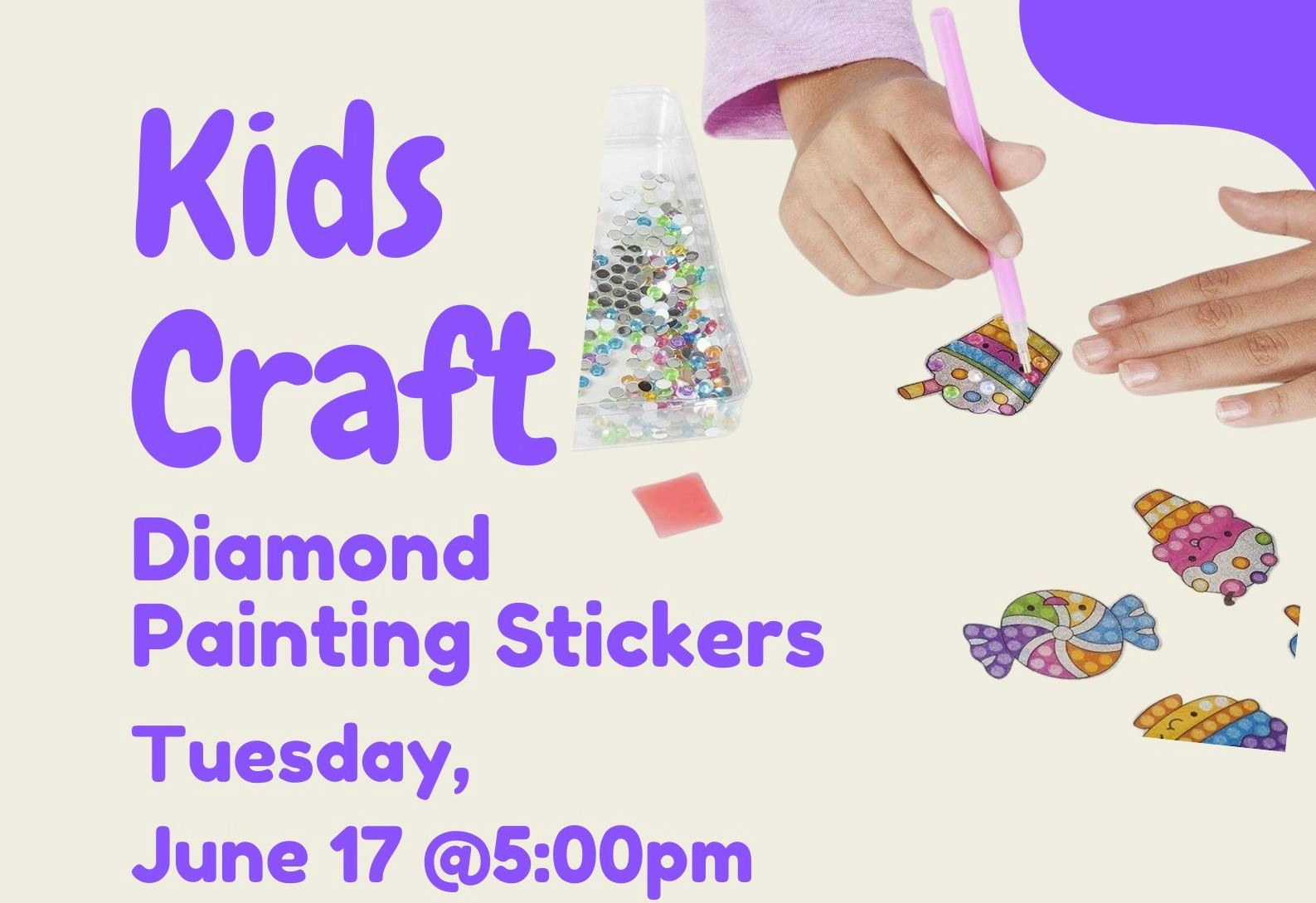 Kids Craft: Diamond Painting Stickers event on Tuesday, June 17 @ 5:00pm, with a hand working on stickers.