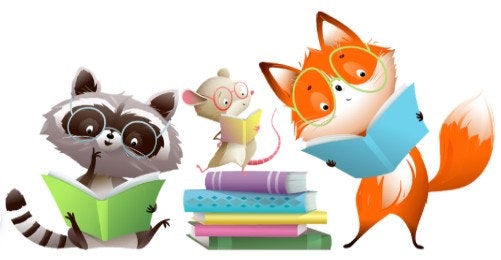 Three cartoon animals—a raccoon, a mouse, and a fox—are happily reading books, surrounded by a stack of colorful books.