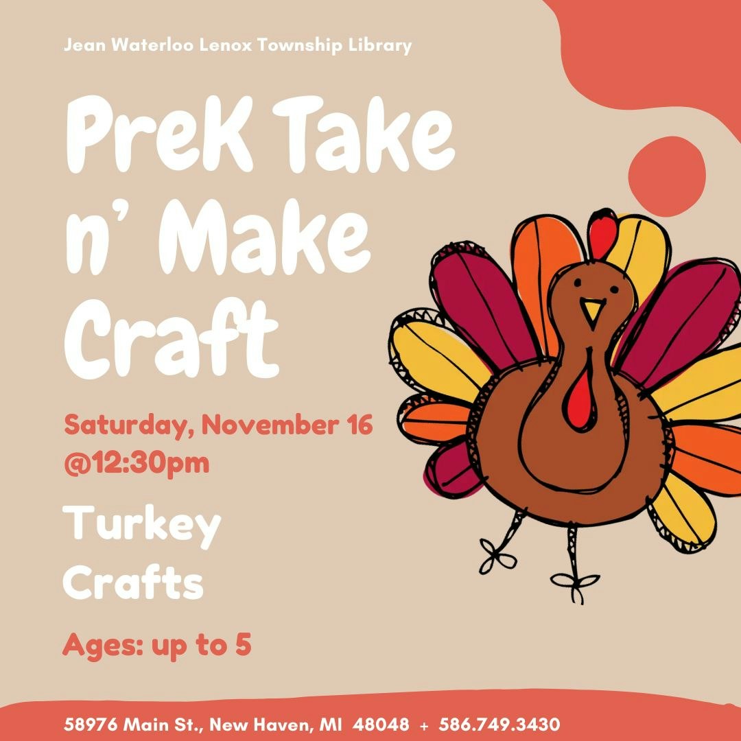 An event poster for "PreK Take n' Make Craft" featuring a turkey illustration, intended for children up to 5 years old.