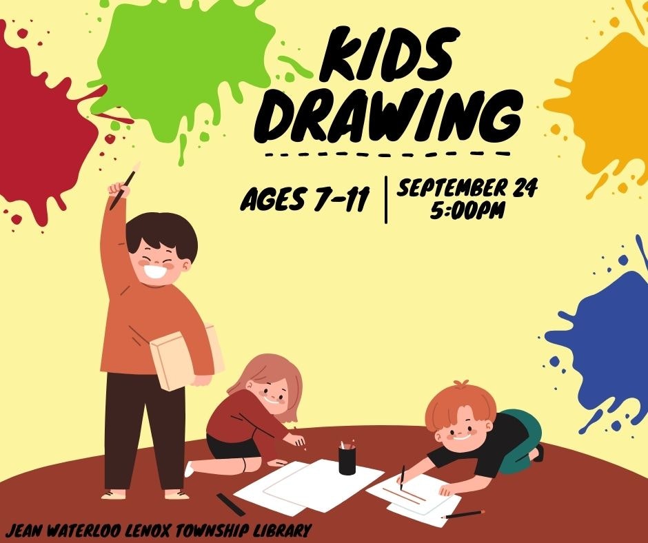 A colorful flyer for a kids drawing event, with cartoon children, paint splashes, and event details.
