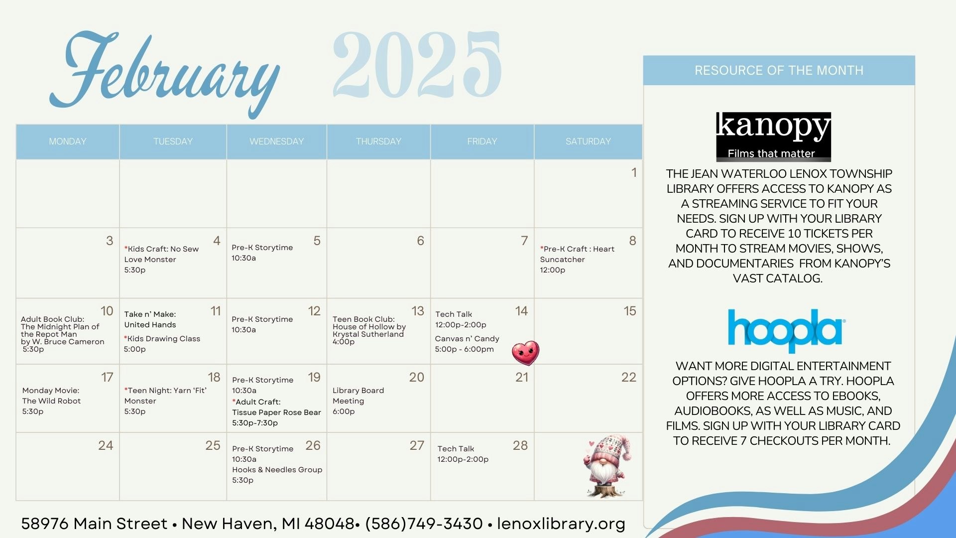 February Events Newsletter - Jean Waterloo Lenox Township Library