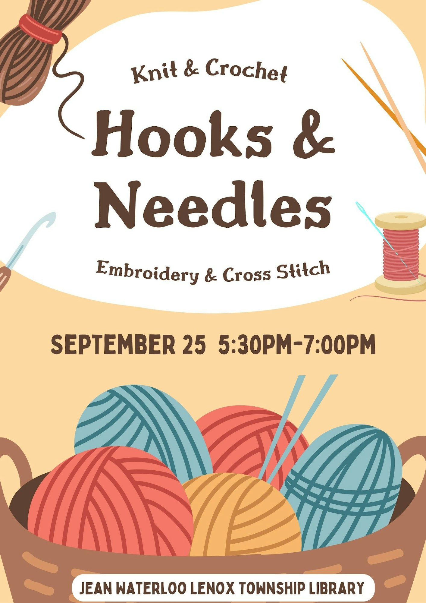 A colorful poster for a knit, crochet, embroidery, and cross-stitch event at a library.