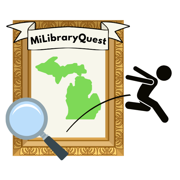 Text stating "MiLibraryQuest," a magnifying glass, and a stick person jumping out of a gilded frame containing an outline of Michigan