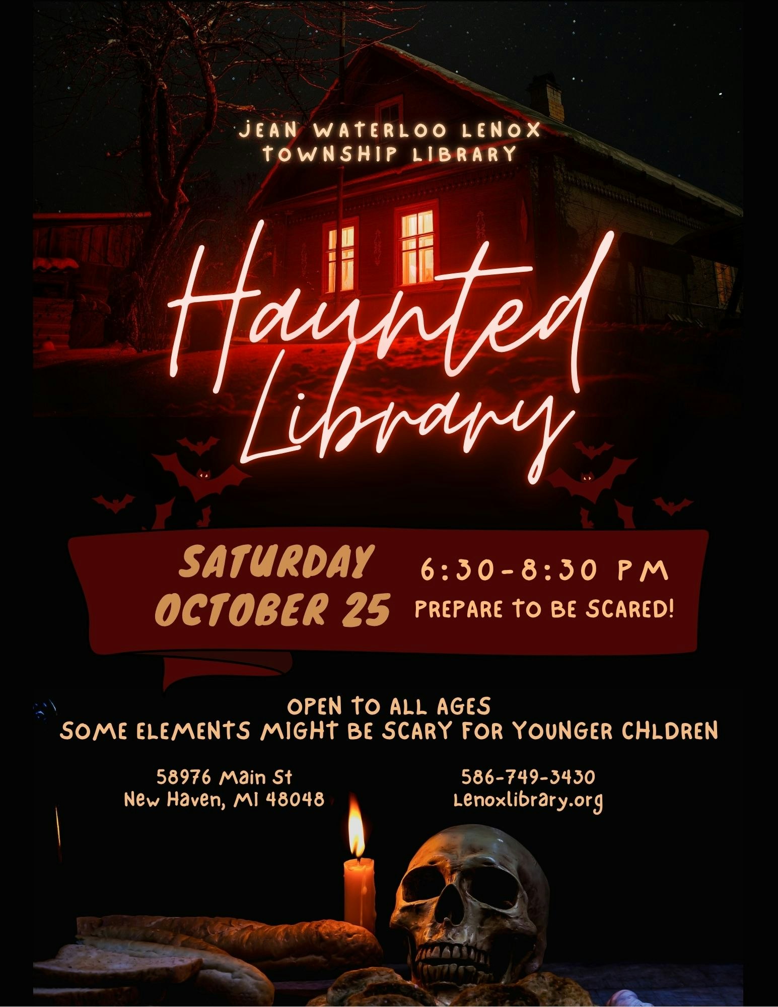 Haunted Library event poster for October 25, 6:30-8:30 PM at Jean Waterloo Lenox Township Library. Open to all ages, some scares.