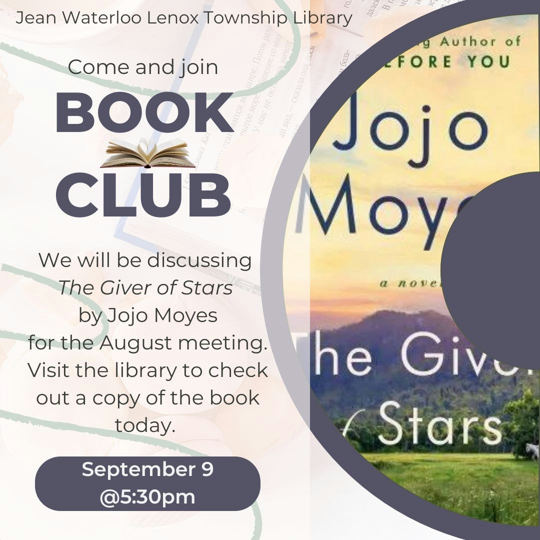 An invitation to a book club meeting at a library to discuss "The Giver of Stars" by Jojo Moyes, scheduled for September 9 at 5:30 pm.