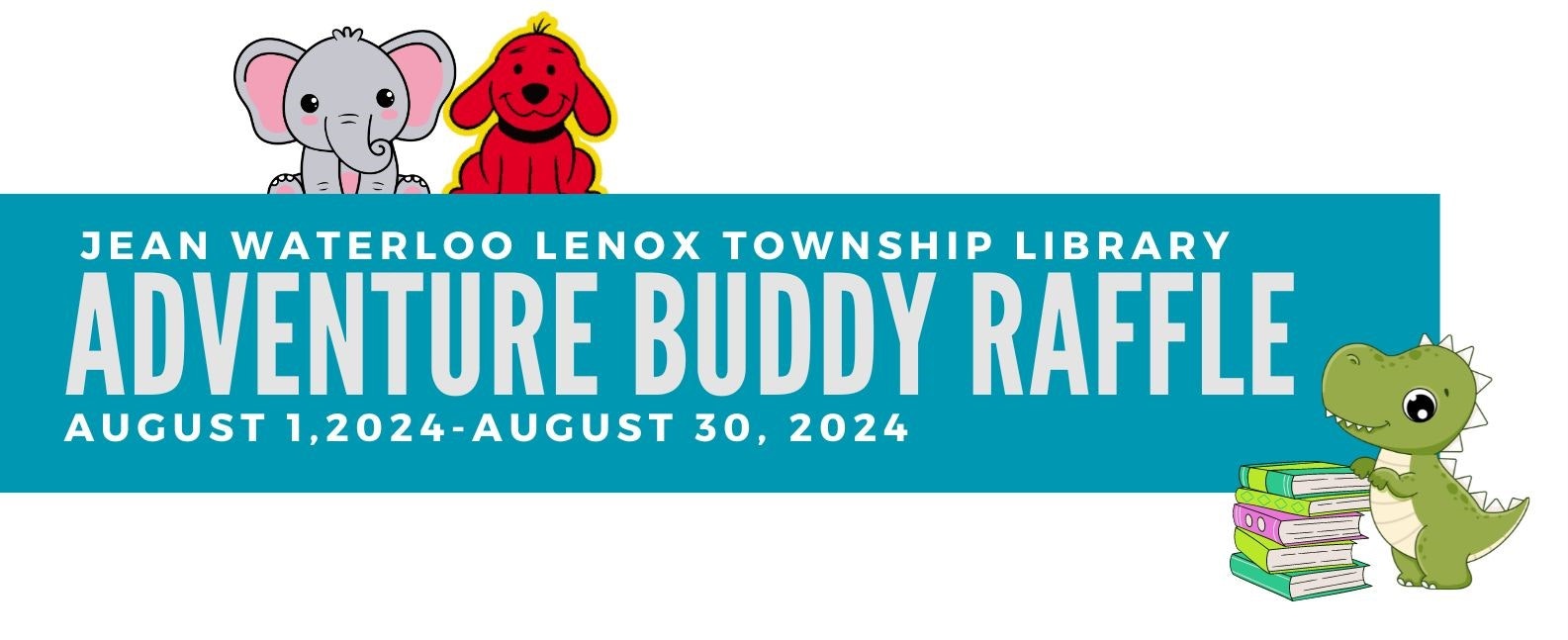 An advertisement for a "Adventure Buddy Raffle" at a library from August 1-30, 2024, with cute cartoon animals.