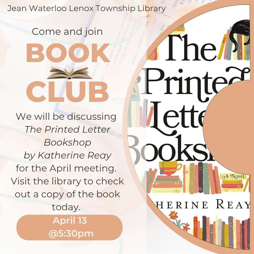 Library book club discussing "The Printed Letter Bookshop" by Katherine Reay. Meeting on April 13 at 5:30 PM.