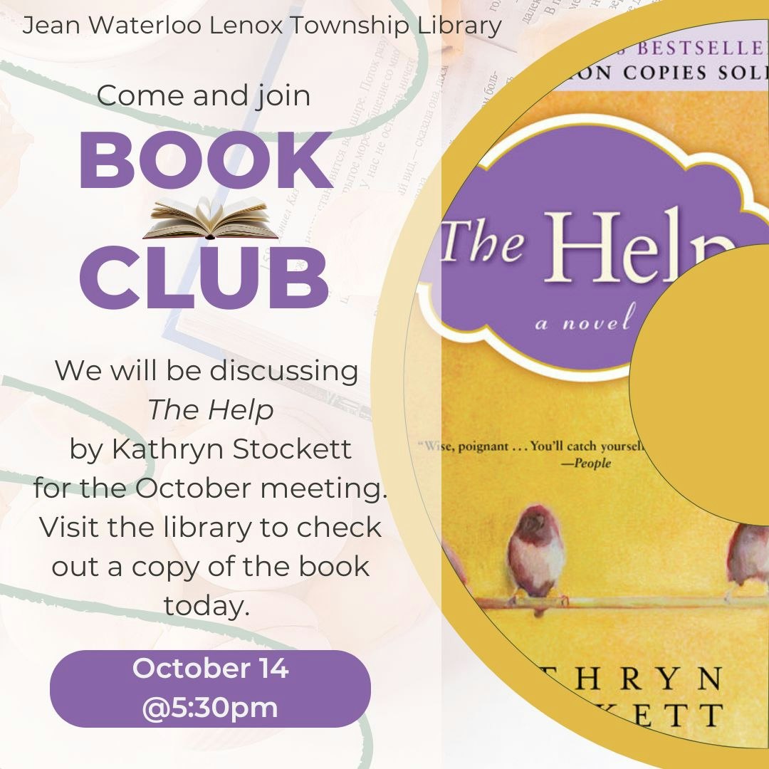Advertisement for a book club meeting discussing "The Help" by Kathryn Stockett on October 14 at 5:30 pm.