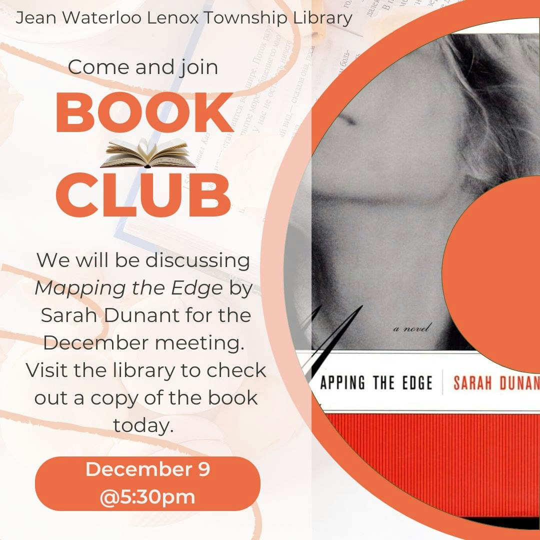 Book club event on December 9 at 5:30pm discussing "Mapping the Edge" by Sarah Dunant.