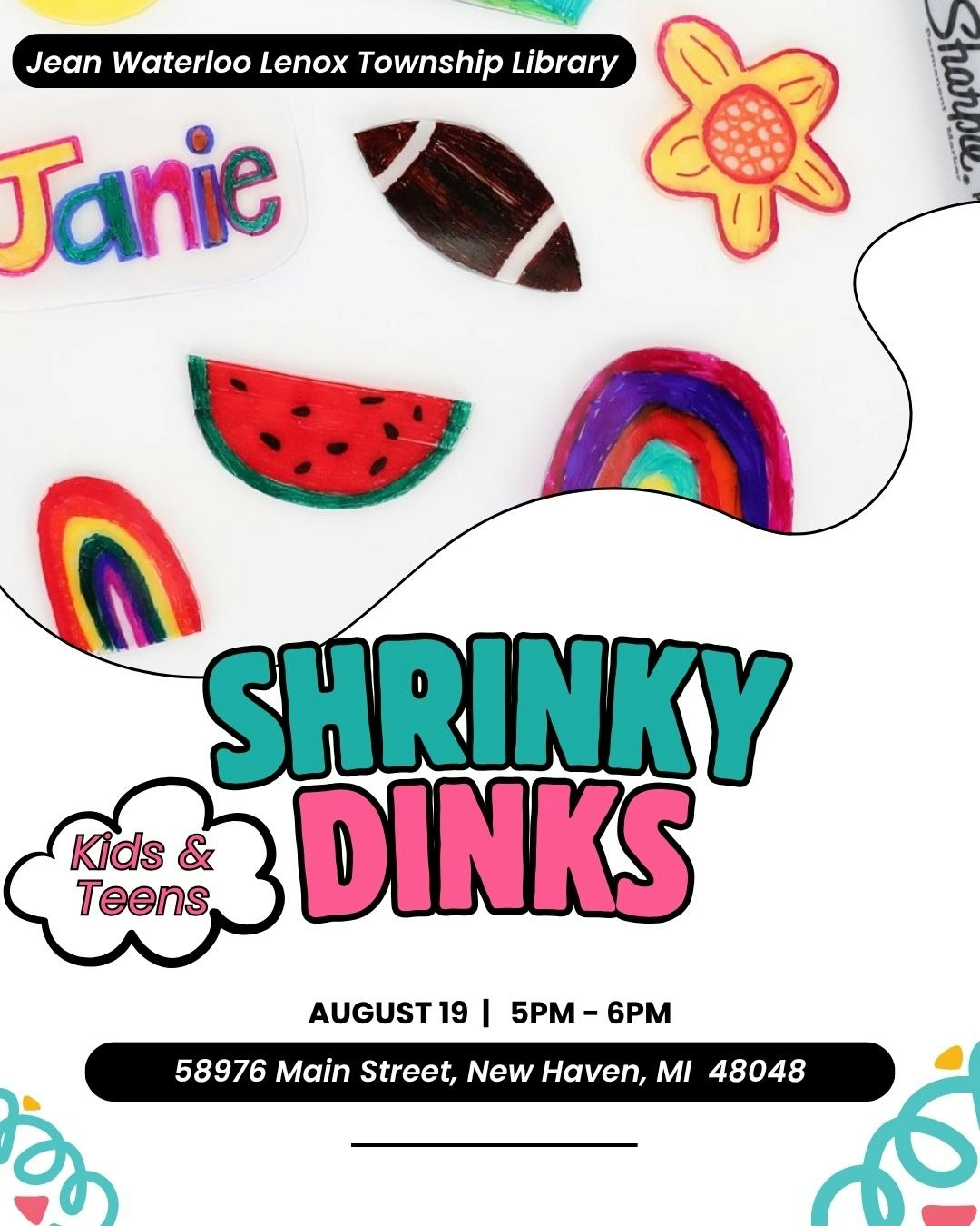 Event flyer for a Shrinky Dinks activity at Jean Waterloo Lenox Township Library on August 19, 5PM-6PM, for kids and teens.