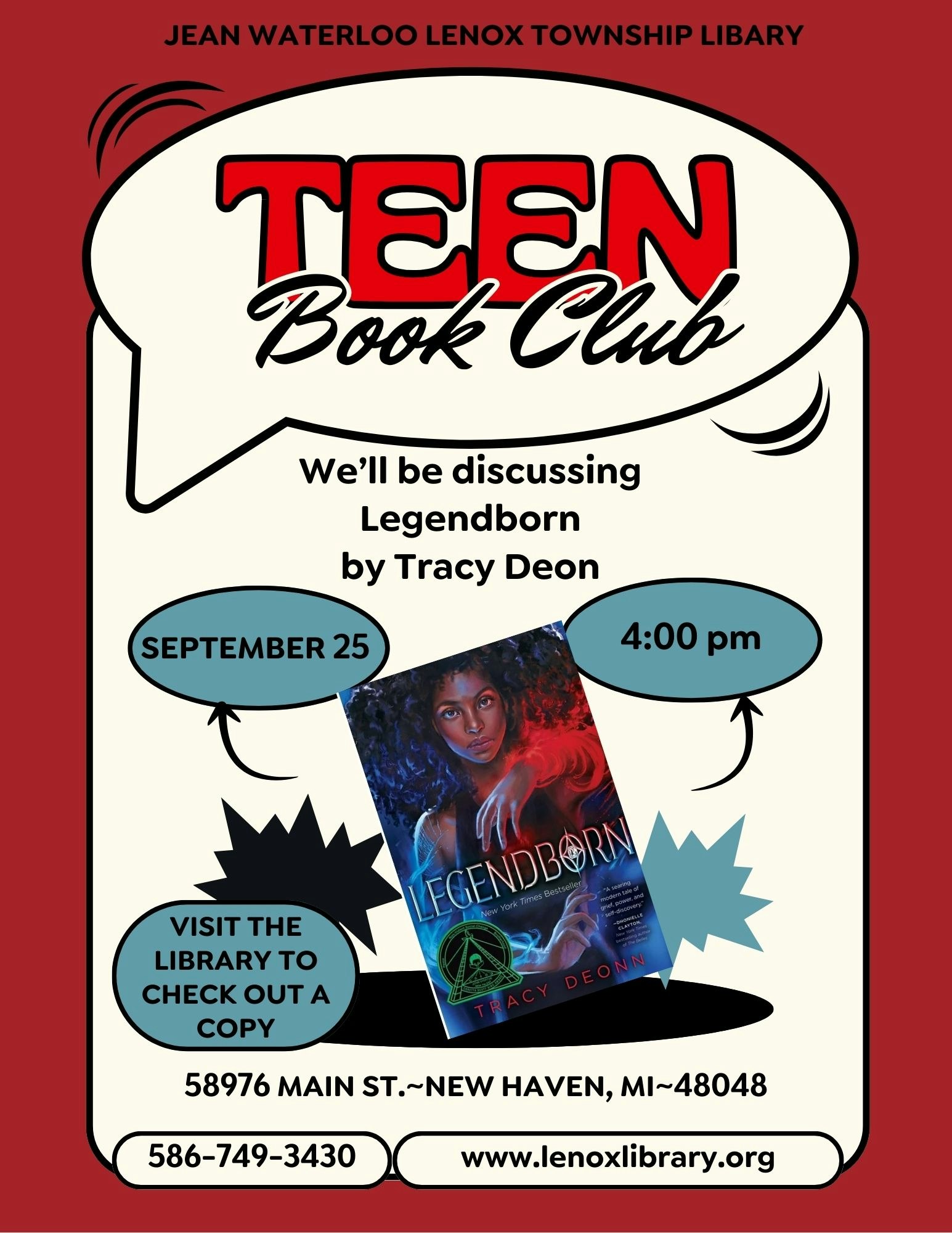 Teen book club meeting for "Legendborn" by Tracy Deon on September 25 at 4:00 pm, Jean Waterloo Lenox Township Library.