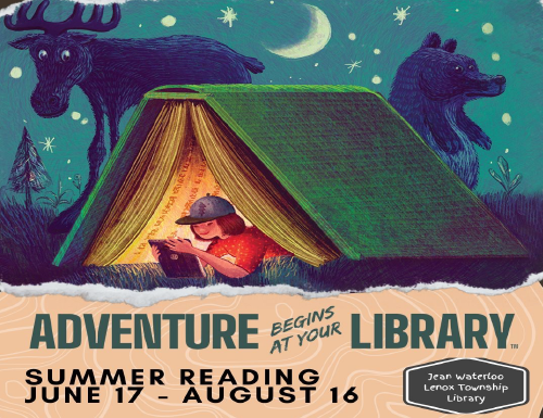 A person reading inside a tent, with a moose and bear nearby, under a starry sky, promoting a library's summer reading program.