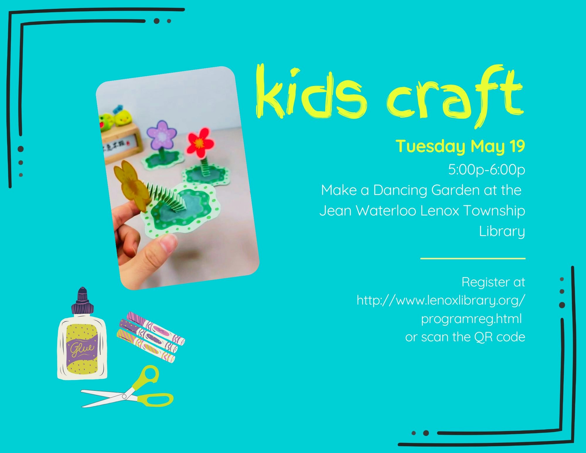 Kids can enjoy a craft event on May 19 to make a "Dancing Garden" at the Lenox Township Library. Registration info included.