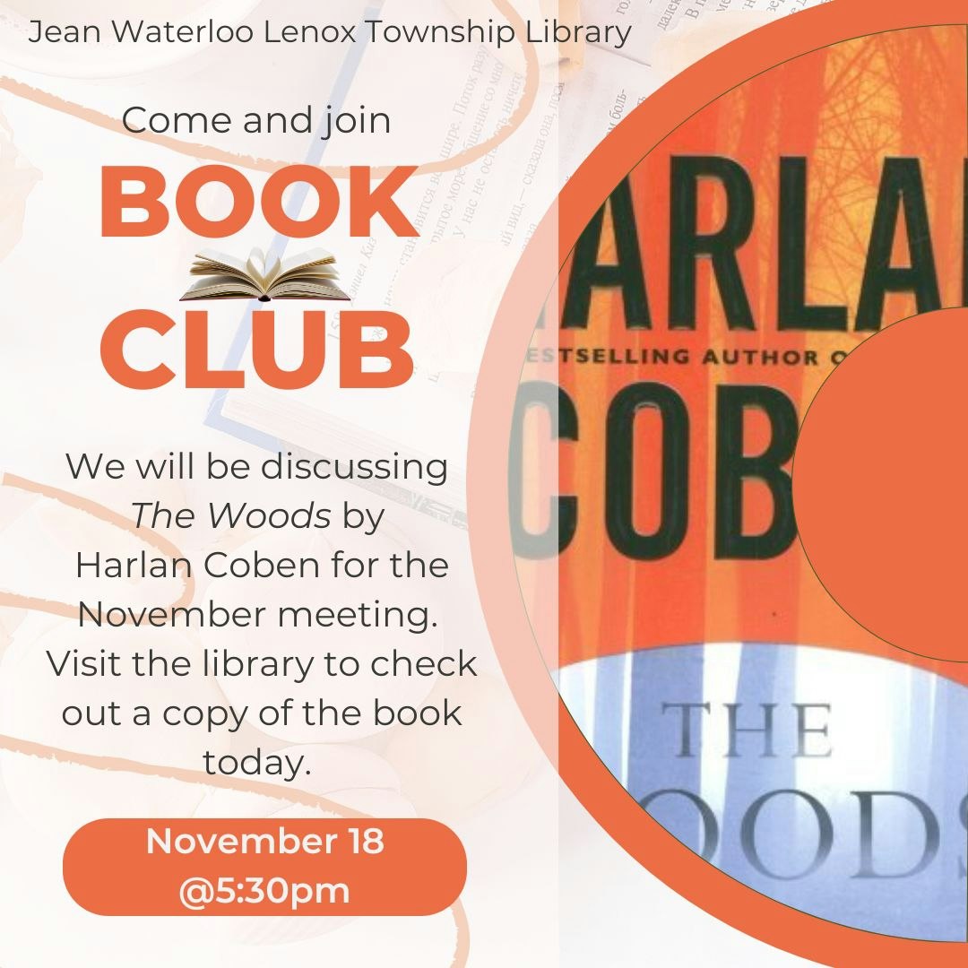 An invitation to a book club meeting at a library, discussing "The Woods" by Harlan Coben, scheduled for November 18 at 5:30 pm.