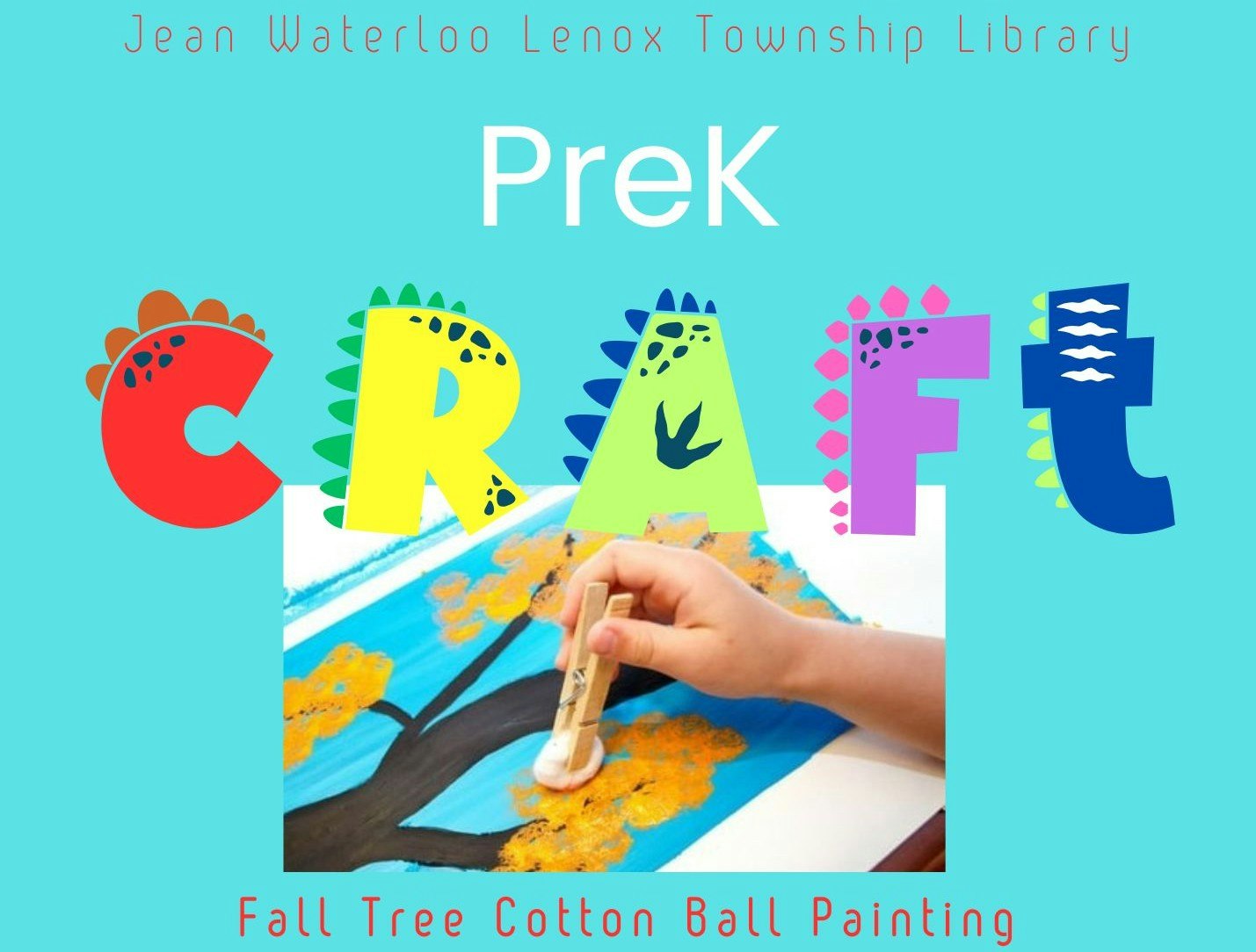 PreK craft event at Jean Waterloo Lenox Township Library: Fall Tree Cotton Ball Painting.