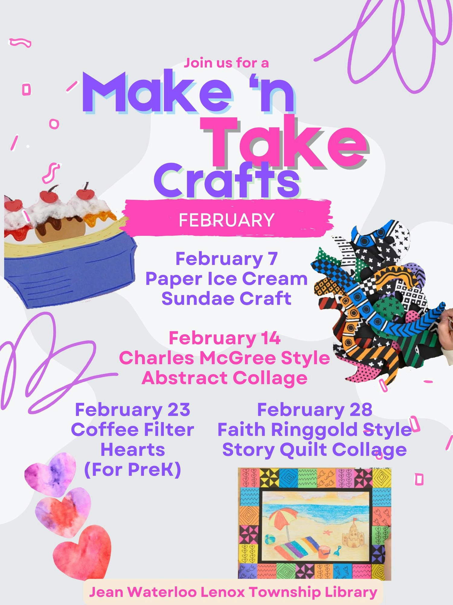 Flyer for February "Make 'n Take Crafts" at Jean Waterloo Lenox Township Library, featuring various craft activities on specific dates.