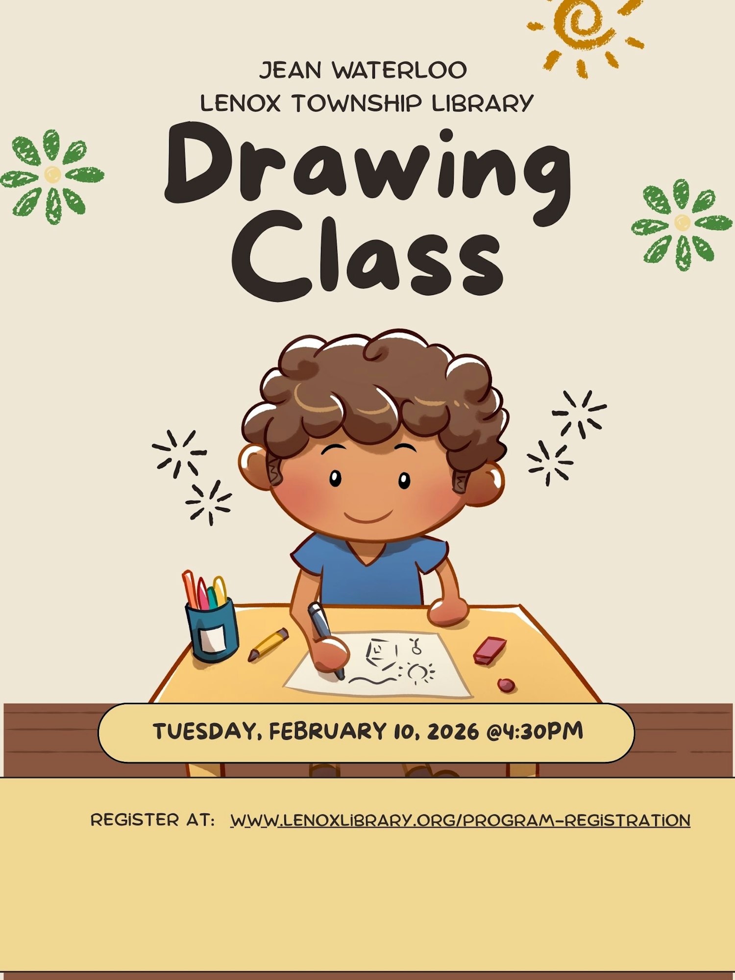 A poster for a Drawing Class at Lenox Township Library on February 10, 2026, at 4:30 PM. Registration is available online.