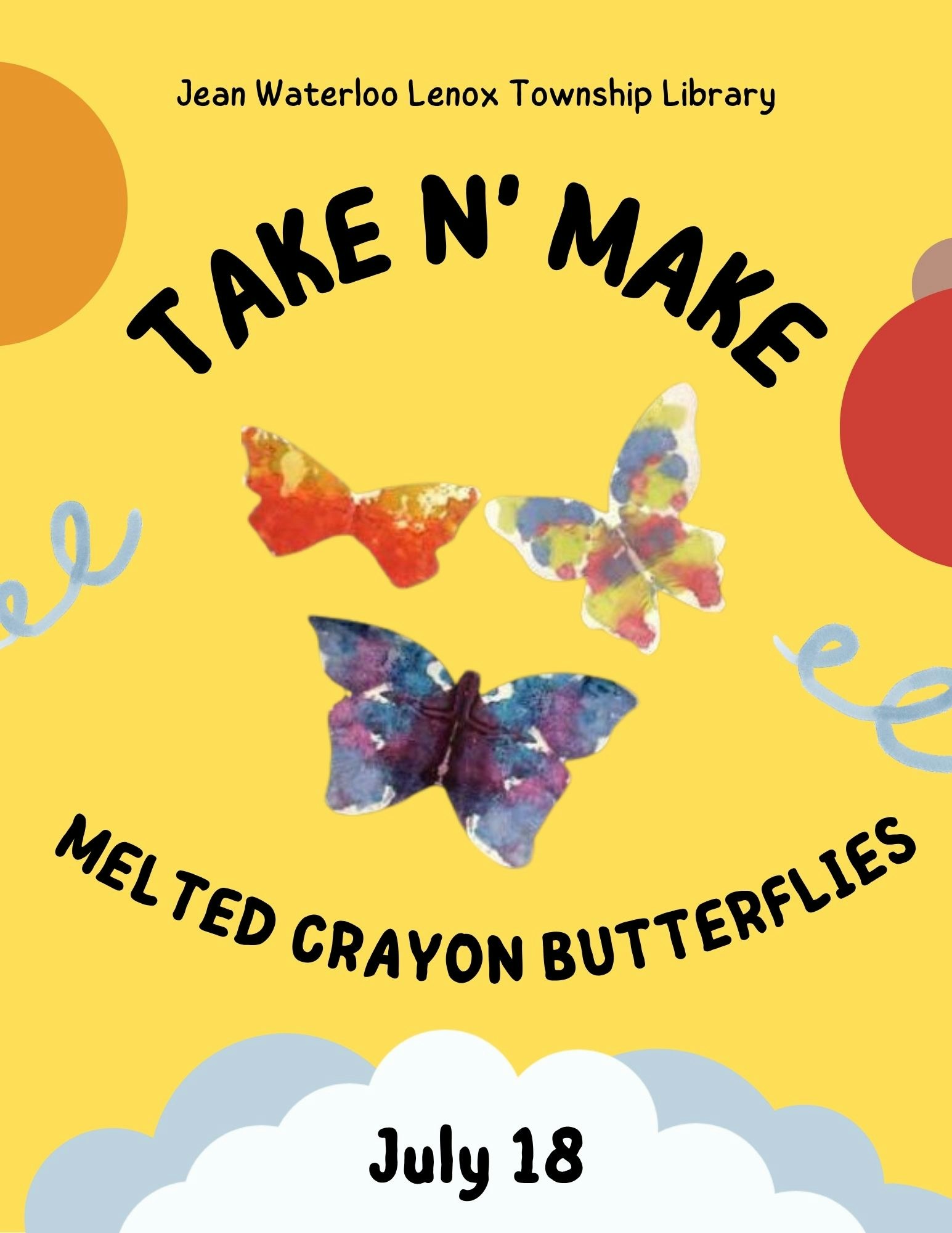 Take N' Make event for making melted crayon butterflies at Jean Waterloo Lenox Township Library on July 18.