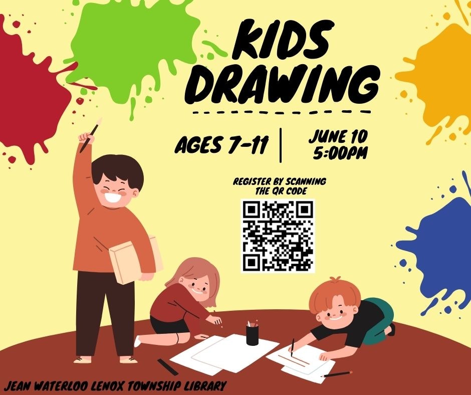 Kids' drawing event poster for ages 7-11, on June 10 at 5:00 PM. Jean Waterloo Lenox Township Library. Includes a QR code for registration.