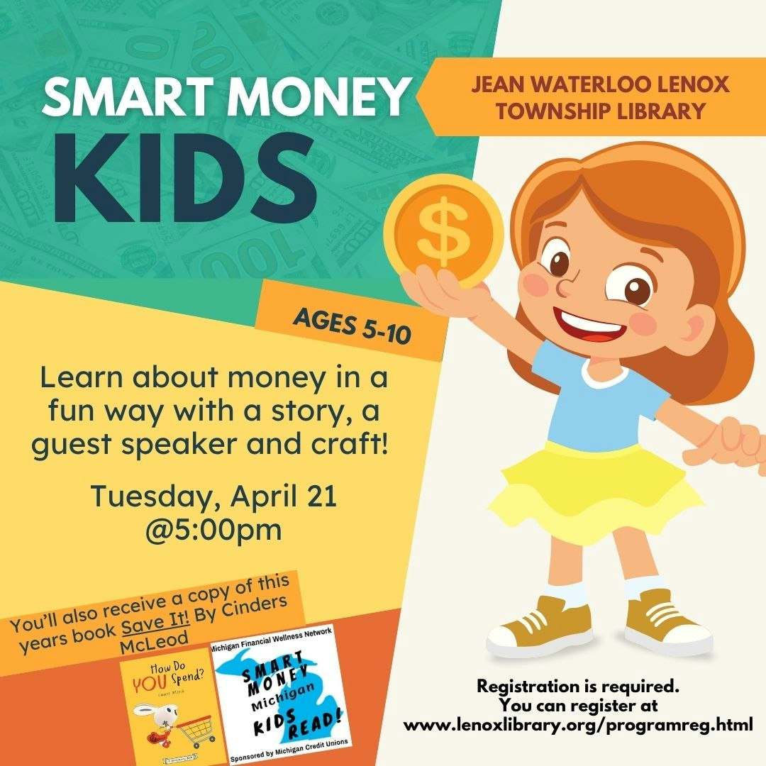 Event for kids (ages 5-10) to learn about money through stories, crafts, and a guest speaker. Registration required.