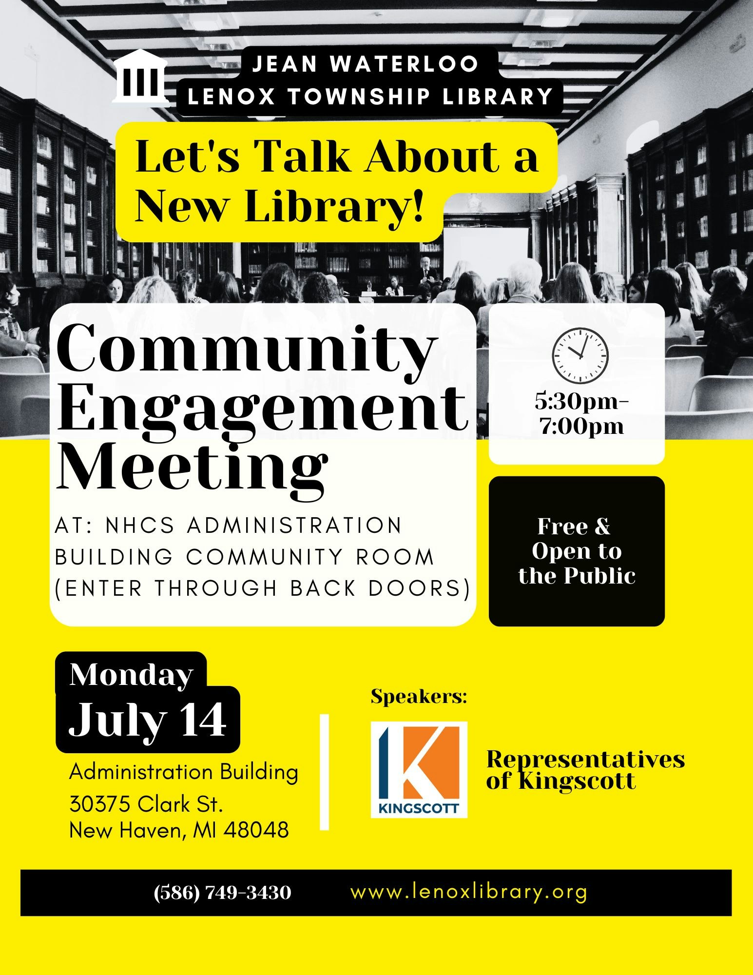 Community Engagement Meeting on July 14, 5:30-7:00pm at NHCS Admin Building, New Haven, MI. Discussing a new library.