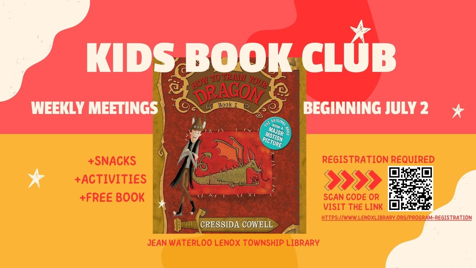 Kids' Book Club starting July 2 at Jean Waterloo Lenox Township Library. Weekly meetings with snacks, activities, and a free book!