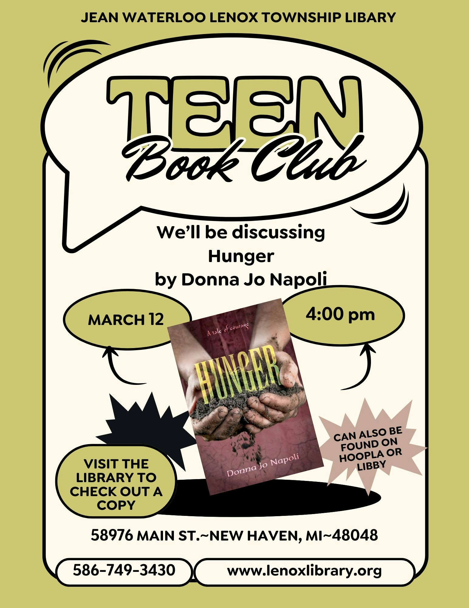 Teen Book Club discussing "Hunger" by Donna Jo Napoli on March 12 at 4 PM. Location: Lenox Library, New Haven, MI.