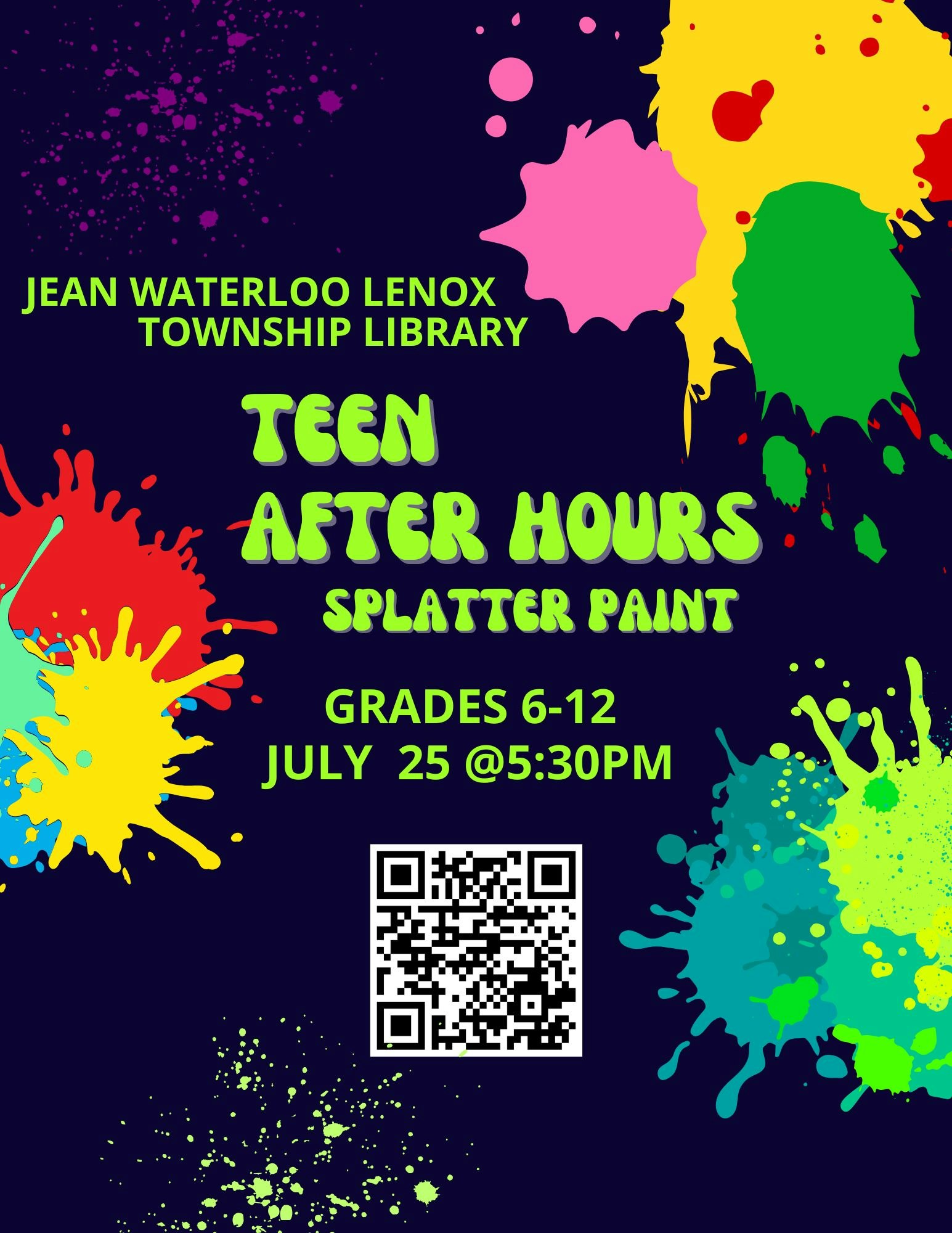 Teen splatter paint event at Jean Waterloo Lenox Township Library, July 25, 5:30 PM. Grades 6-12.