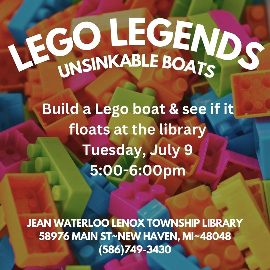 Colorful Lego bricks with event details for a Lego boat building activity at a library.
