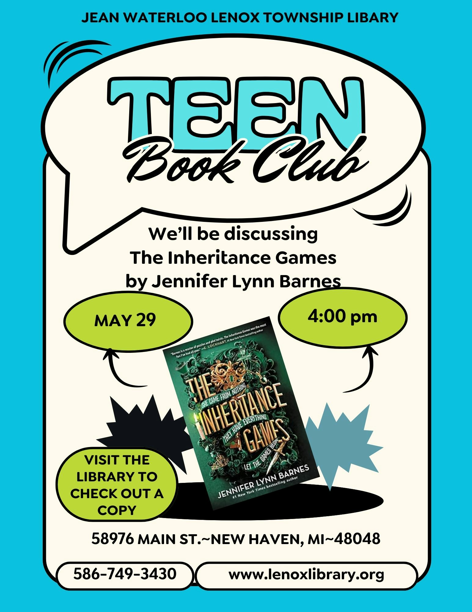 Teen Book Club discussing "The Inheritance Games" on May 29 at 4:00 pm, Jean Waterloo Lenox Township Library.